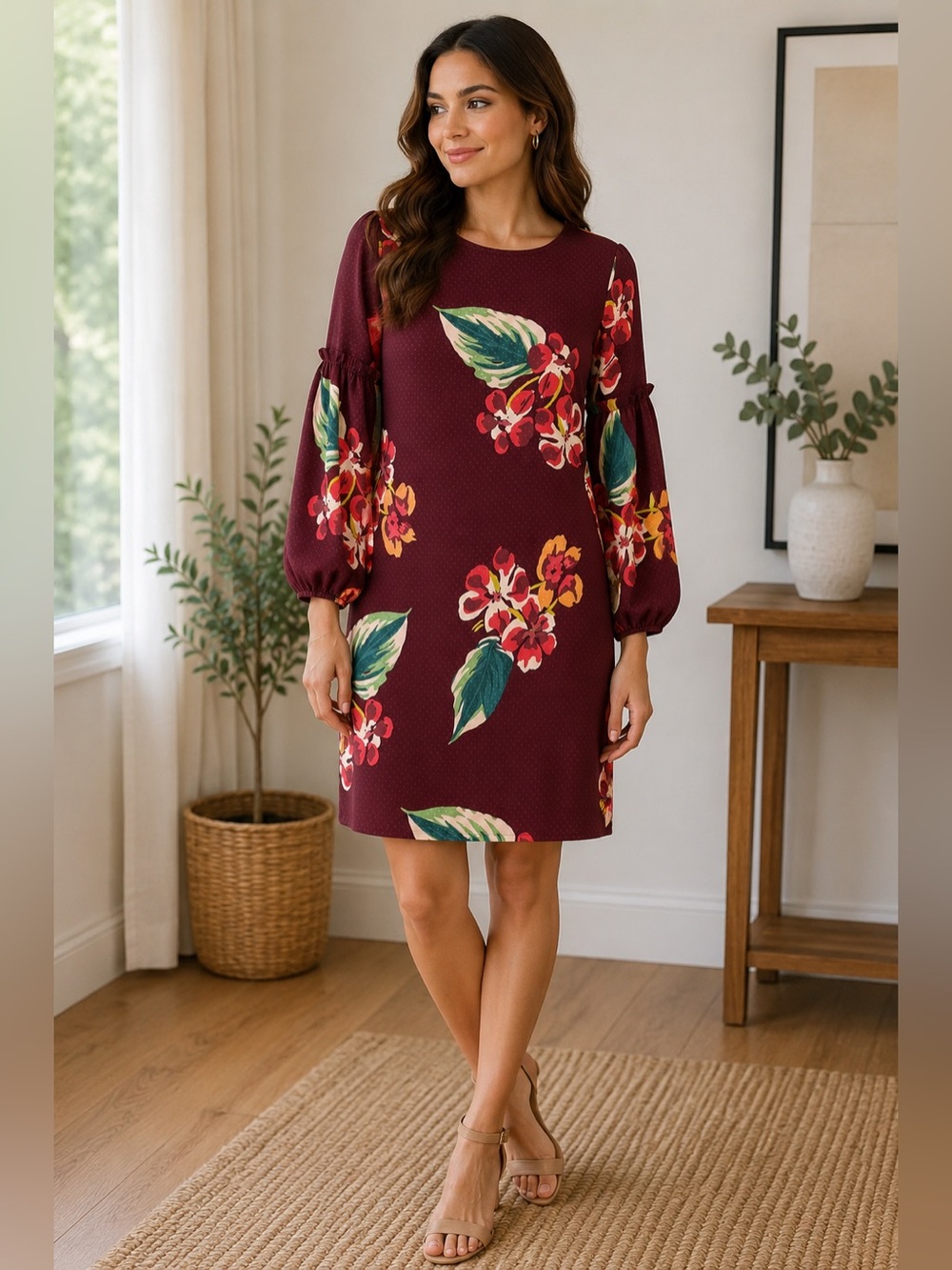 LOFT Petite Floral Shift Dress | XS Petite | NWT | Burgundy Long Sleeve